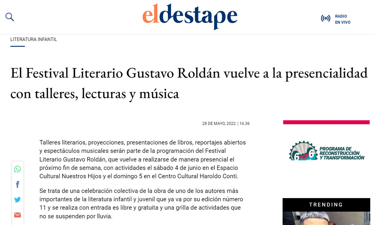 El Festival Literario Gustavo Roldán vuelve a la presencialidad con talleres, lecturas y música