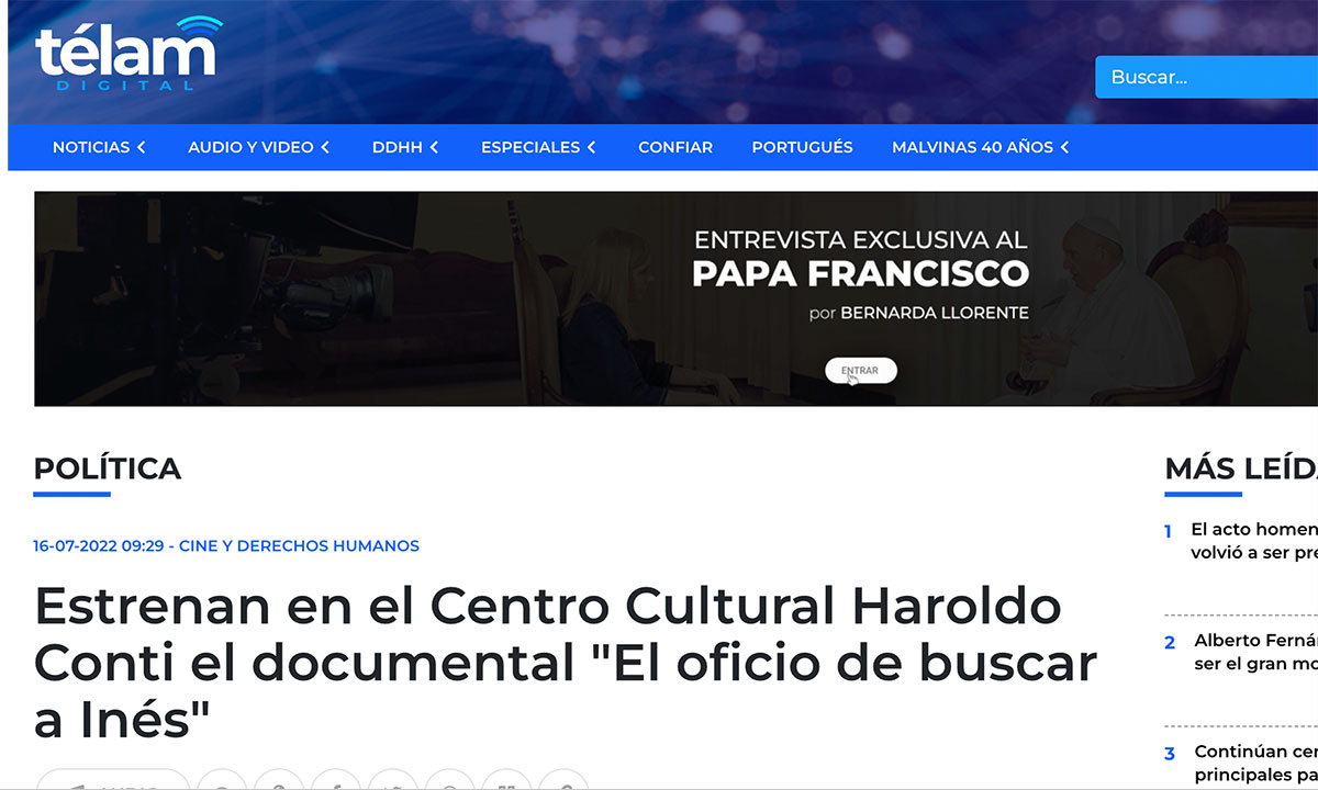 Estrenan en el Centro Cultural Haroldo Conti el documental "El oficio de buscar a Inés"
