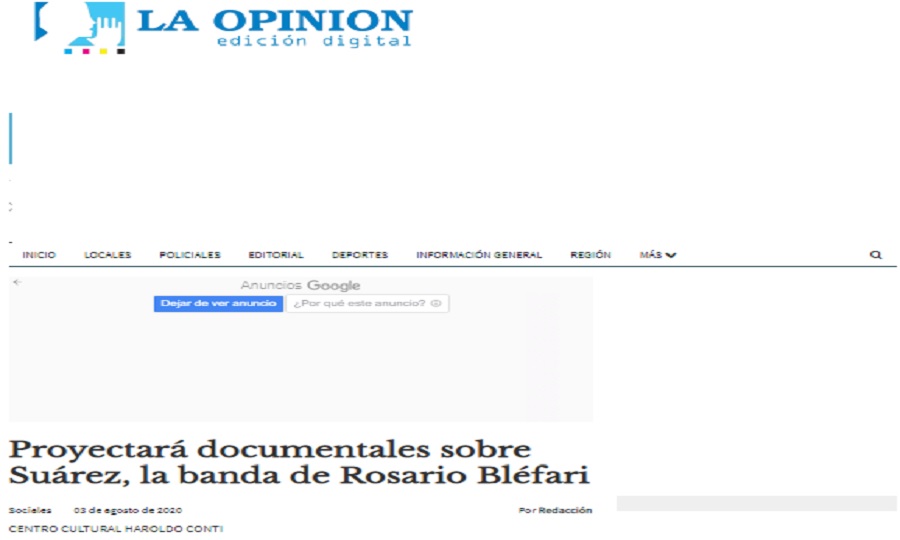 Proyectará documentales sobre Suárez, la banda de Rosario Bléfari.