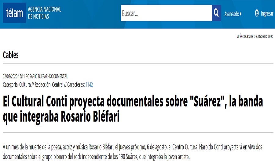 El Cultural Conti proyecta documentales sobre "Suárez", la banda que integraba Rosario Bléfari.